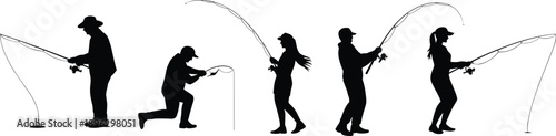 Fishing silhouette illustration, angler character artwork, sport fishing vector, outdoor activity design, fisherman pose graphic, hobby lifestyle, catching fish concept