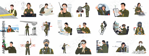 Vector illustration set showcasing pilots and aviators performing essential aviation tasks, including cockpit operations, maintenance, ground crew duties, and flight training.