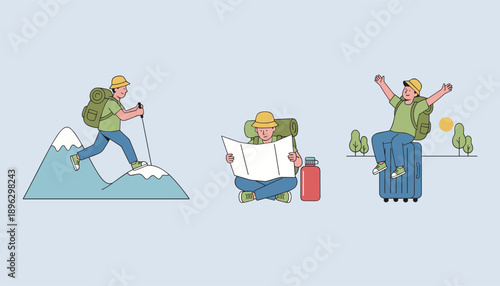 Set of male hiker characters in nature hiking on mountains looking at map and sitting on suitcase with happy expression flat vector design.