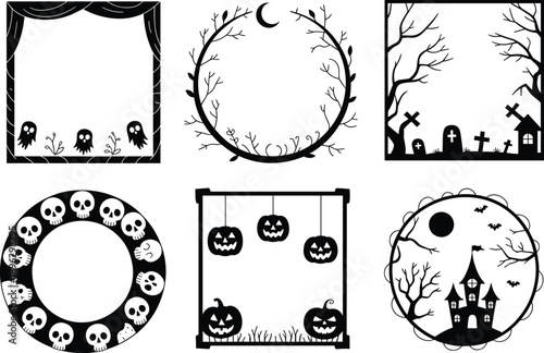 Halloween frame illustration, spooky border design, haunted house artwork, ghost silhouette, pumpkin decoration, skull pattern, bat flying, creepy graveyard scene