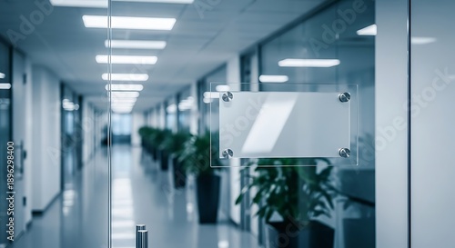 Blank transparent glass sign mockup on modern office corridor door