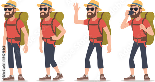 Hiker character illustration, outdoor adventure design, backpack traveler artwork, camping vector, hiking man silhouette, mountain trekking pose, explorer lifestyle, travel icon graphic
