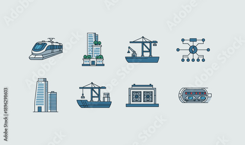 Modern infrastructure and industrial logistics icon set featuring high speed train, eco skyscraper, cargo ship, power grid, and cooling system icons.