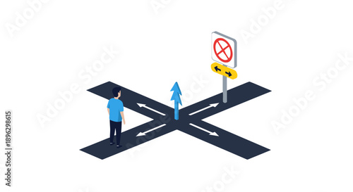 Person standing at crossroads with signpost indicating directions and restrictions from aerial viewpoint