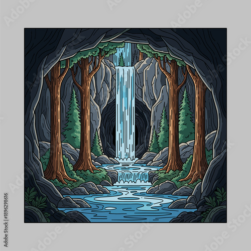 Stylized Waterfall in Cave Forest Grotto with Stream. Nature Landscape Vector Illustration.