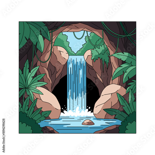 Lush Jungle Waterfall Flowing into Cave Grotto Illustration