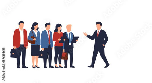 Business professionals gathered around a leader giving presentation in a corporate environment