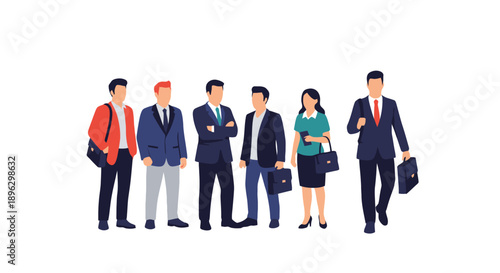 Group of business professionals walking together in a modern office environment from a frontal viewpoint