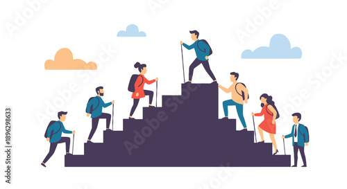 People climbing stairs together, achieving success and teamwork in a collaborative environment from a side viewpoint