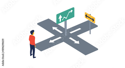 Person standing at crossroads with directional signs indicating multiple pathways and choices available