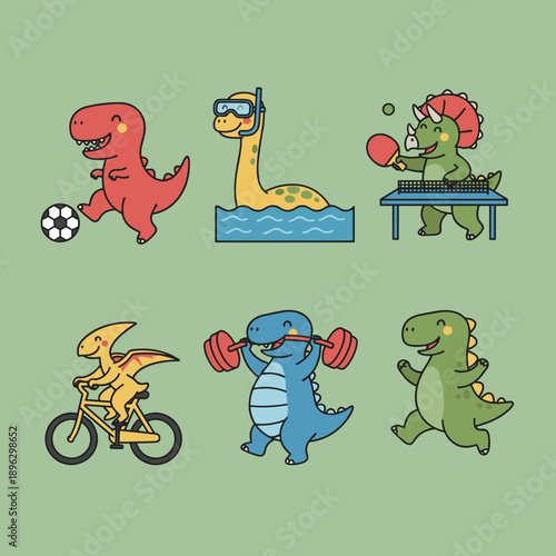 Active dinosaur characters engaging in sports activities including football, swimming, table tennis, cycling, weightlifting, and running for kids.