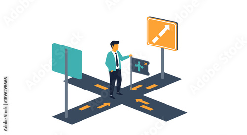 Man standing at road intersection holding signpost with directional signs, making decision at crossroads