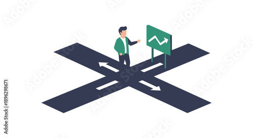 A person stands at a crossroads considering directions from a chart on a signboard