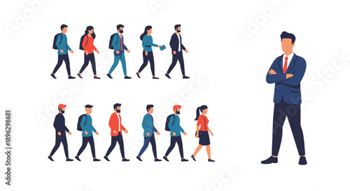 Diverse group of business professionals walking in different directions while one man stands confidently with arms crossed