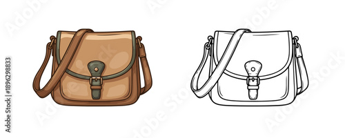 Brown leather messenger bag in cartoon style with green trim and metal buckle closure representing vintage fashion or travel accessory on white background