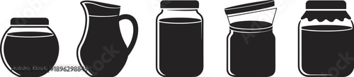 Liquid container silhouette illustration, jar pitcher artwork, storage vessel design, decorative lid vector, kitchen utensil graphic, fluid holder concept, black outline