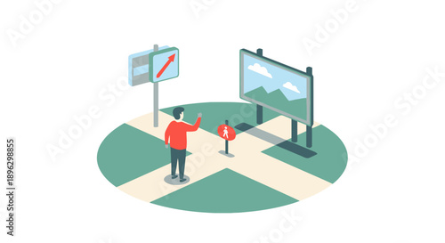 Travelers examining navigation signs and billboard on a pathway outdoors