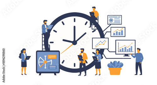 Business professionals working together around a large clock with charts and data on screens and papers in a modern office environment illustration