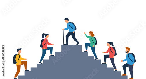 Diverse group of people ascending a staircase together, promoting teamwork and career advancement