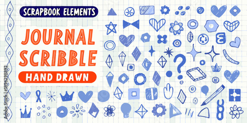 Collection of hand drawn scrapbook elements and journal scribbles in a blue aesthetic
