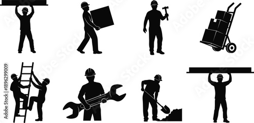 Construction worker silhouette icon set showing manual labor tasks, industrial tools, safety helmets, and building activities on white background