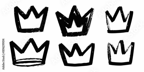 A collection of six hand drawn black crowns on a plain white background