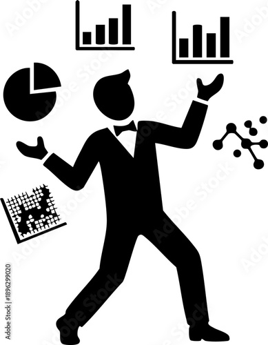 Data juggler silhouette isolated on white background minimalist professional juggling various chart and graph icons illustration