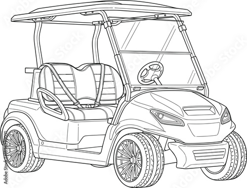 Detailed line art illustration of electric golf cart vehicle with roof and seats isolated on white background for transportation and leisure concepts