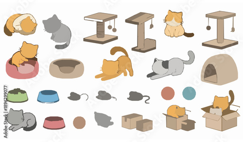 Adorable cartoon cat clip art with pet accessories flat vector set