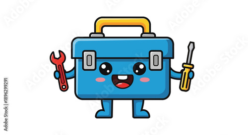 blue cartoon toolbox character with tools