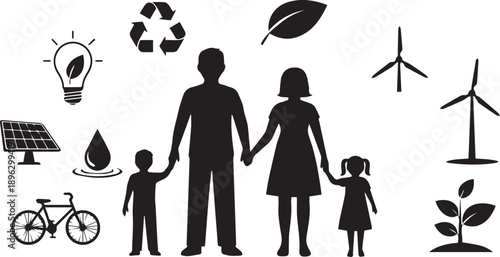 Family sustainable lifestyle concept parents children environmental protection vector silhouette