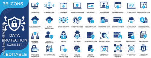 Data protection solid icon set featuring cybersecurity, malware, encryption, cloud security, firewall, privacy, and secure access. Flat vector icons for IT security projects.