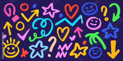 Colorful doodle art with various shapes symbols and cheerful expressions