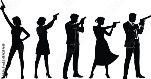 Black silhouette set of men and women aiming handguns and pistols isolated on white background for secret agent action and self defense security design.
