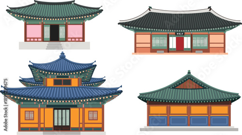 Traditional Korean architecture illustration, temple pavilion artwork, cultural heritage design, ornate roof structure, historic building vector, colorful walls, decorative eaves, heritage art
