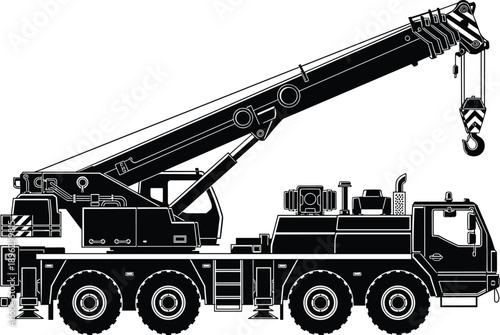Silhouette of heavy mobile truck crane with extended telescopic boom and lifting hook isolated on white background for construction concepts