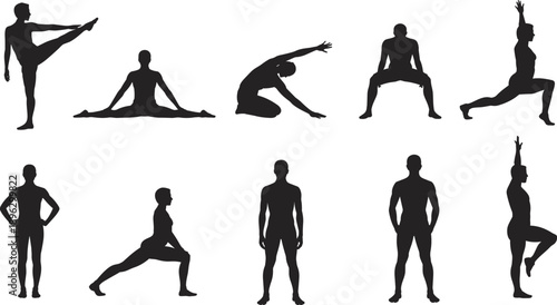 Black silhouette set of men and women practicing yoga poses and fitness stretching exercises isolated on white background for wellness and healthy lifestyle design.