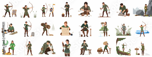 Medieval Archer and Forest Ranger Lifestyle Flat Vector Set. Illustrations of outdoor survival, crafting, archery, hunting, and adventure activities.