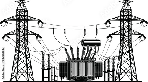 Silhouette of high voltage electrical substation with transmission towers, transformers, and power lines isolated on white background