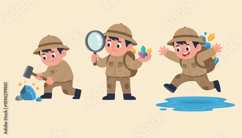 Professional Archeologist Boy Character Set Digging Rocks Finding Crystals and Jumping for Joy in Modern Flat 3D Cartoon Illustration Style