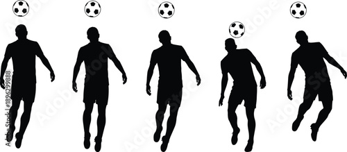 Black silhouette set of soccer player jumping to head ball isolated on white background for football sports training graphics and athletic competition design concepts.