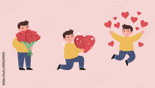 Romantic Boy Character Set Proposing with Heart Holding Bouquet of Roses and Jumping with Love Balloons for Valentine Day Flat Illustration
