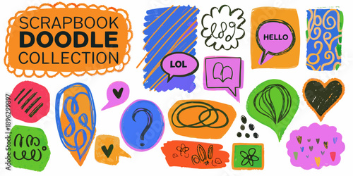 Colorful scrapbook doodles and hand drawn elements for creative projects