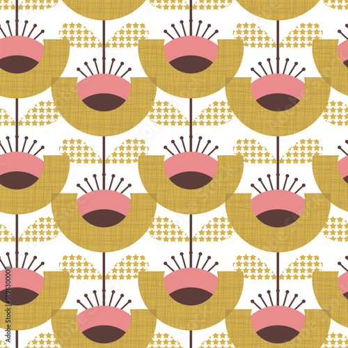 Retro geometric floral seamless pattern in mustard yellow and pink for textile print for fabric, stylized vintage flower design with mid-century modern vibe