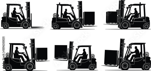 Silhouettes of forklift trucks with operators loading and unloading cargo pallets isolated on white background for warehouse logistics concepts