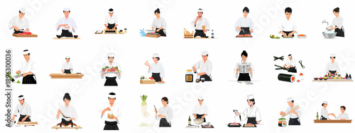 Japanese Sushi Chef Preparation Process Illustrations Set: Cooking, Cutting Fish, Rolling Maki, Plating, and Serving Traditional Asian Food.