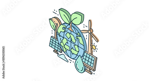 Isometric Global Eco-Friendly Sustainable Energy Concept with Solar Panels and Wind Turbines isolated white background