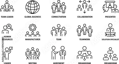 A collection of line art icons representing business concepts such as teamwork, leadership, and human resources