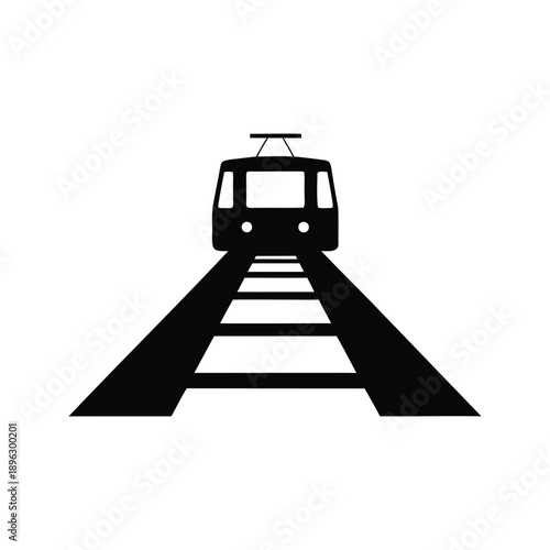 Modern train traveling on railway tracks silhouette vector illustration, A sleek, minimalist design of a train on railway tracks, depicted in black and white silhouette vector illustration