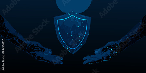 Futuristic digital shield protected by robotic arms in a dark cybernetic scene